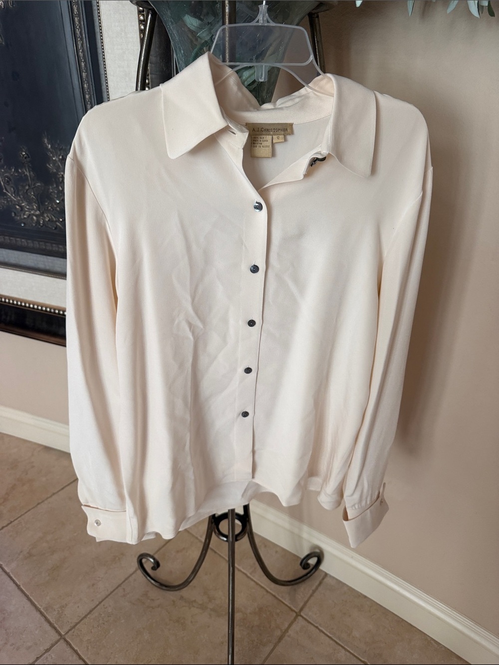 A.J. Christopher Cream Button-Down Silk Blouse
